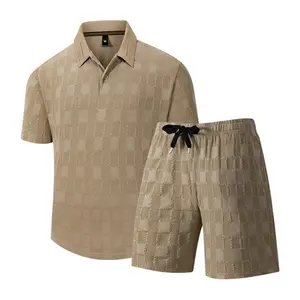 Men's Black Textured Polo 2-Piece Set, Short Sleeve Polo Shirt & Drawstring Shorts, All-Over Jacquard Pattern, Breathable Fabric, Ideal for Business Casual & Summer Styling