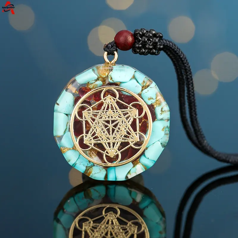 Turquoise Metatron's Cube Orgonite Energy Pendant Necklace - Resin Stone Inlay, Geometric Beads, Divine Protection & Energy Healing Spiritual Jewelry for Meditation, Comfortable Wear, Natural Stone Inlay