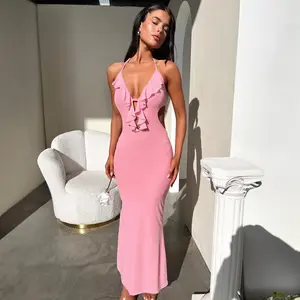 Women Maxi Dress Summer Bodycon Elegant Sexy Halter V Neck Ruffle Backless Open Back High Slit Ruched Pleated Lace Mesh Ribbed Floral Cut Out