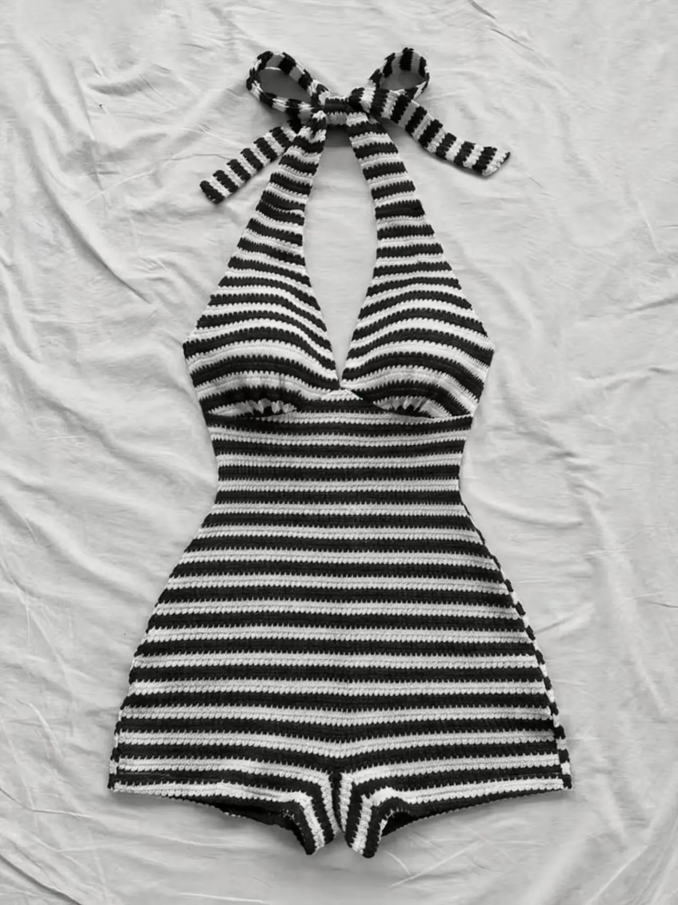 Women's Striped Halter Tie Back Romper, Stretch Knitting Romper, Perfect for Vacation, Beach, Dates, Parties, Festive, Stylish, Chic, Elegant and Comfortable One-Piece Romper
