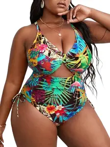 Plus Size Tropical Print Criss Cross Cut Out One-piece Swimsuit, Boho Tie Side Sleeveless High Stretch Swimwear For Beach Holiday Vacation, Women's Plus Size Swimsuit For Summer