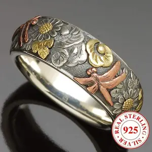 925 sterling silver vintage elegant embossed flower and dragonfly women's ring women boyfriend girlfriend woman  punk style cross vintage  sophisticated jewel same unique design teen girl random men Copper  for  with Paw Pads gold-plated bracelet money