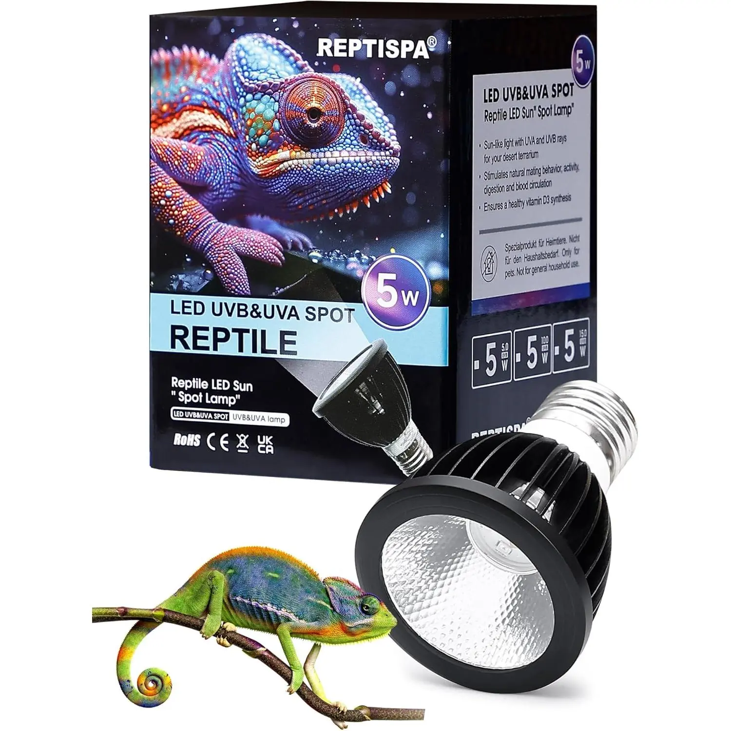 LED UVB Light for Reptiles, 5 Watts, 10.0 UVB | LED UVA UVB Lamp, For Bearded Dragon Lizard Gecko Snake Turtle, Sufficient UVB Exposure, Tropical & Desert Reptiles