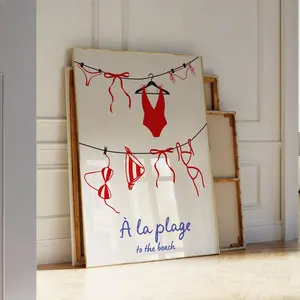 French Red and Blue Bikini Poster, Retro Coastal Summer Wall Art Print, Trendy Vanilla Girl Aesthetic Apartment Decor, Unframed