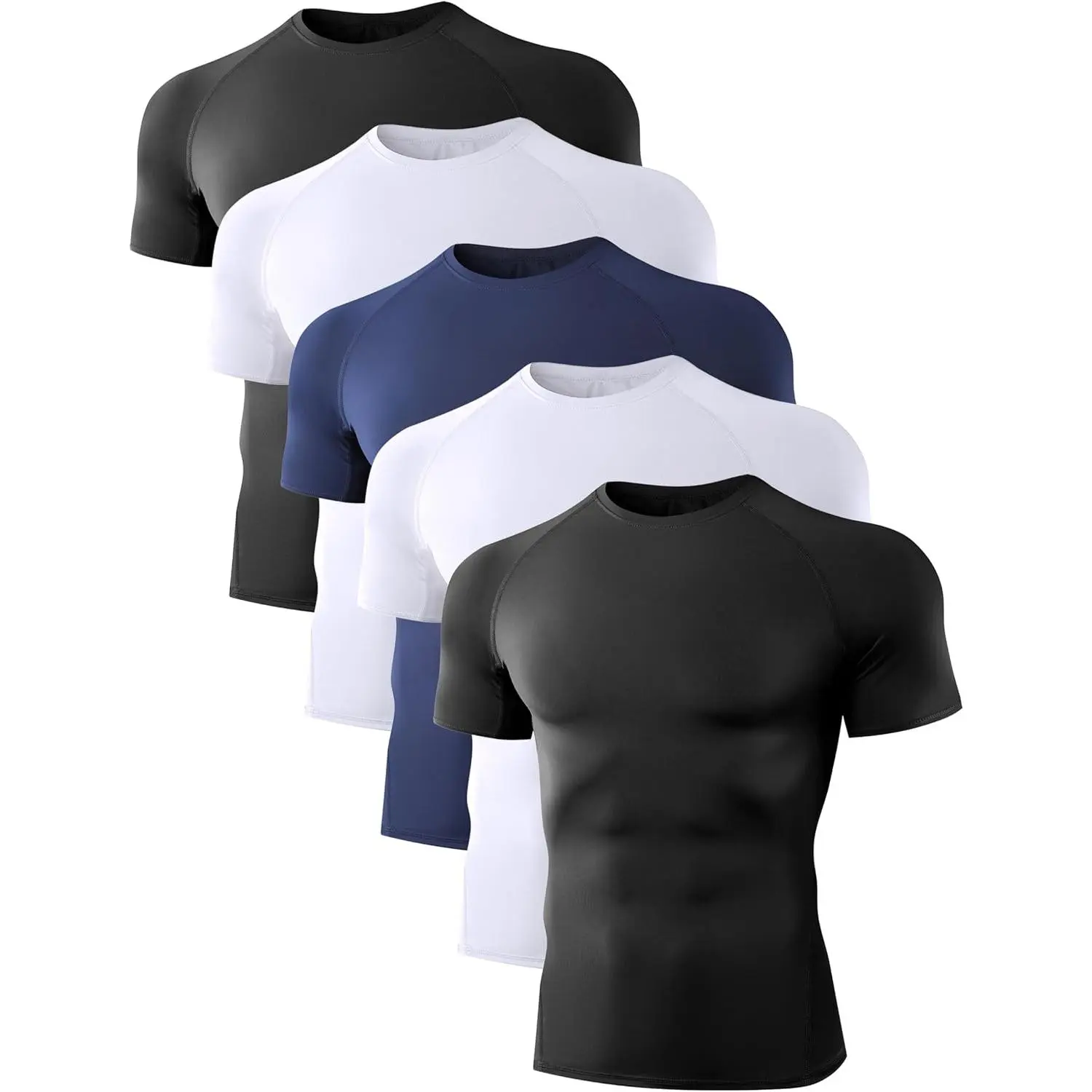 Men’s 5-Pack Short Sleeve Compression Base Layer Shirts - Round Neck, Snug Fit, Moisture-Wick Cool Dry Athletic Workout Undershirts, Base Layer Shirt, Elastic Support