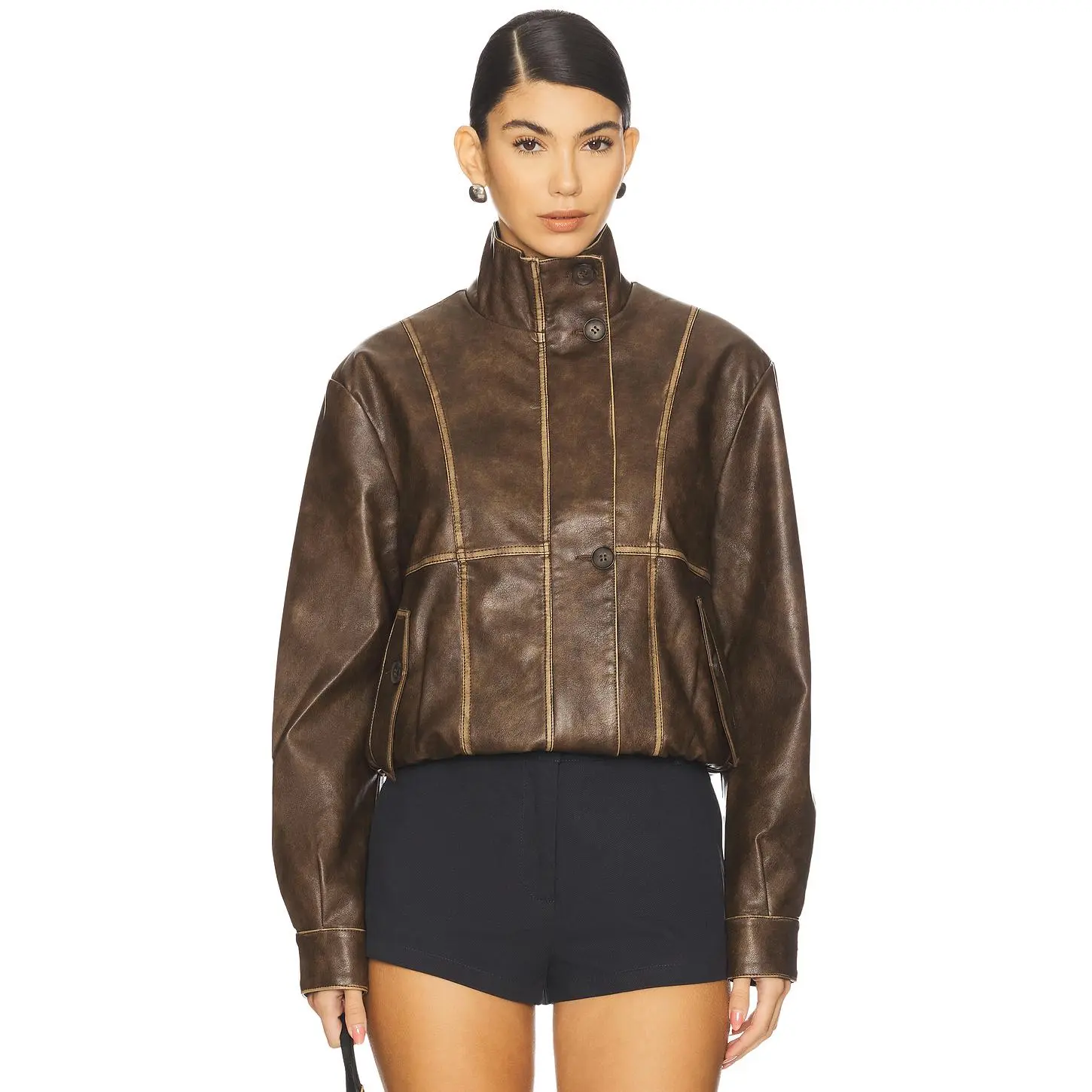 ALL THE WAYS Bella Faux Leather Bomber in Brown