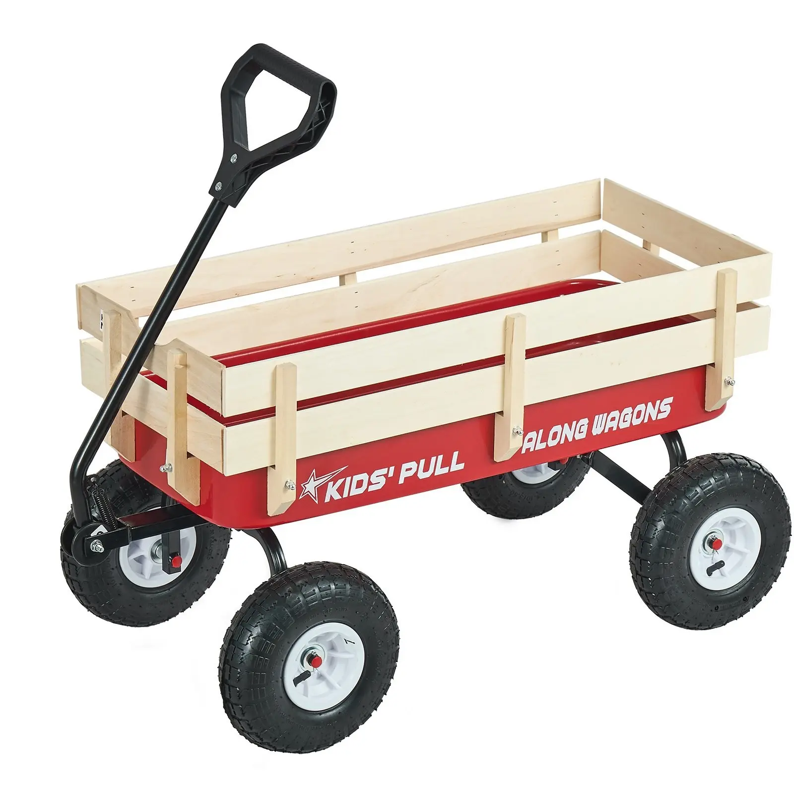 Pull-Along Wagon For Kids, 39-Inch Toddler Wagon With Wooden Panels And Handle, Supports Up To 330 Lbs, All-Terrain Utility Wagon Cart For Outdoor Play, Birthday Gift, Beach, Garden, Red