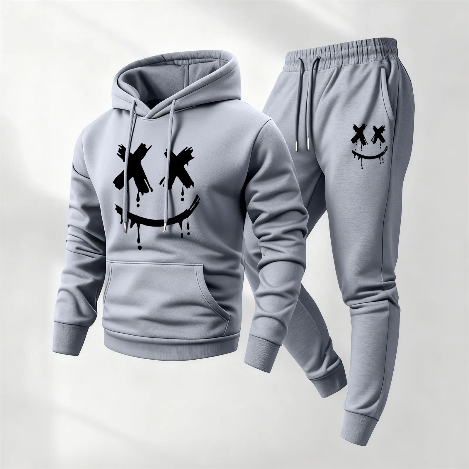 Men's Smiling Face Printed Hoodie and Drawstring Sweatpants Set, Menswear, Casual Athletic Long Sleeve Hooded Jacket & Trousers for Fall & Winter, Men's Clothing for Daily Wear, Sportswear Indoor Outdoor, Tracksuit, Athleisure Summer Clothes