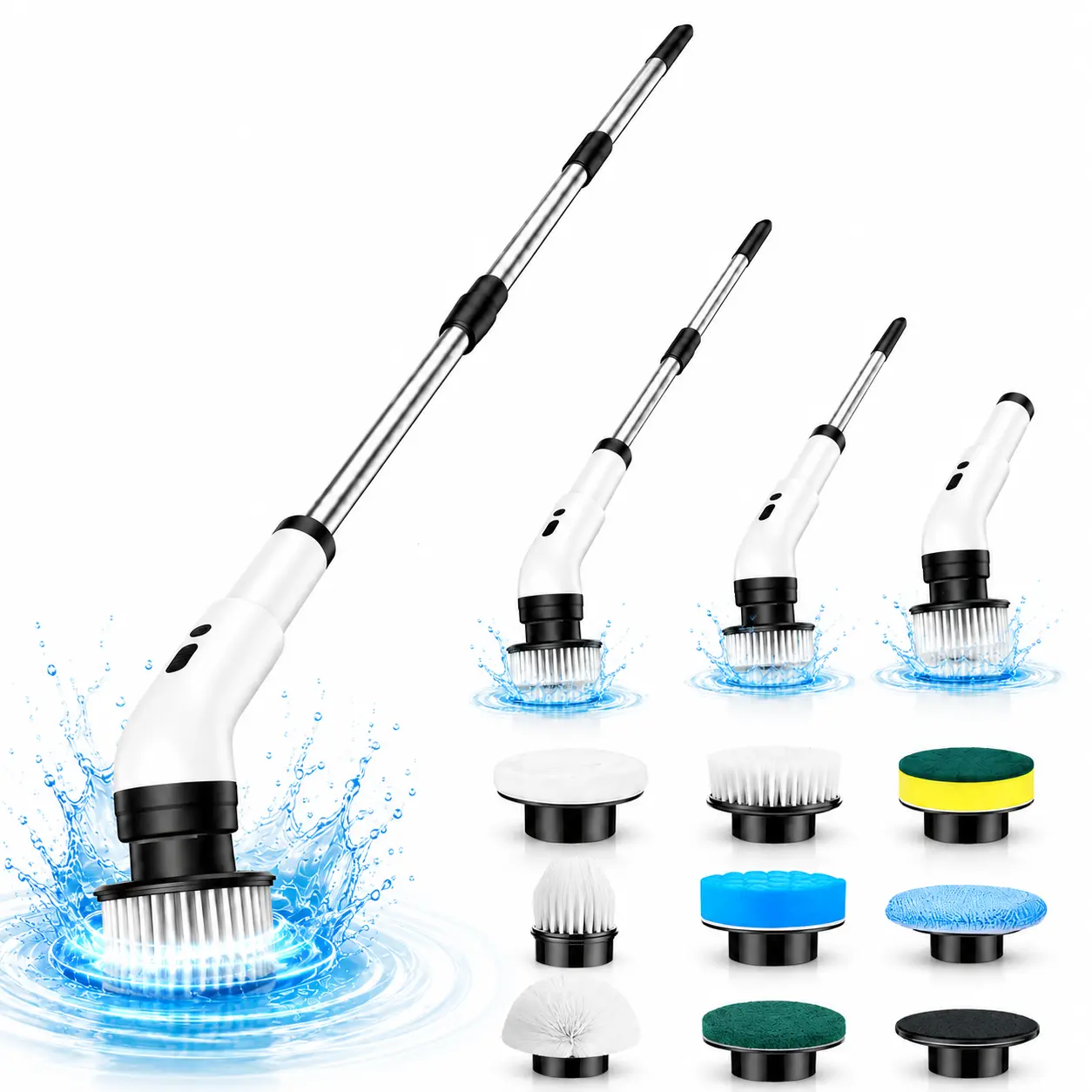 Cordless Electric Scrubber, IPX7 Full-Body Waterproof Multi-Surface Cleaning Kit with 9 Replaceable Brush Heads, 3Adjustable Extension Handles, 3-Speed LED for Bathroom,Kitchen, Car
