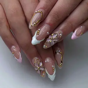 24 Pcs Romantic French Style Acrylic False Nails, Glittering Fake Nails, Glitter Base French Tip, Reusable Almond Shape with Gold Line Pearl Design, Perfect for Women Weddings Anniversaries, Holidays