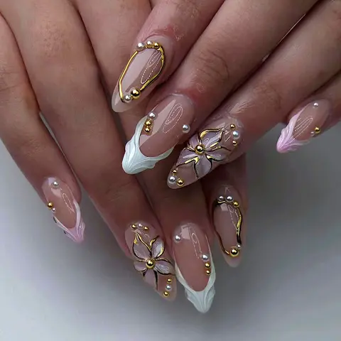 24 Pcs Romantic French Style Acrylic False Nails, French Nail Art, Glittering Fake Nails, Glitter Base French Tip, French Tips Nails, Reusable Almond Shape with Gold Line Pearl Design, Perfect for Women Weddings Anniversaries, Holidays