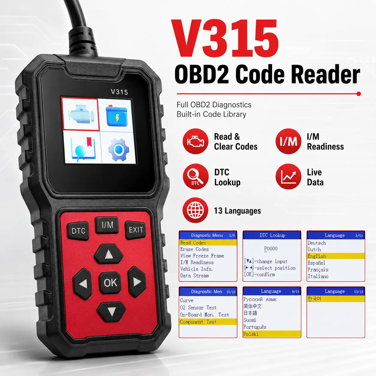 V315 OBD2 Scanner Code Reader, Automotive Engine Diagnostic Tool with DTC Lookup, Read Clear Codes, Live Data, Freeze Frame, I/M Readiness, O2 Sensor Test and 13 Languages
