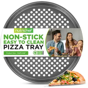 Nutrichef Nonstick Pizza Pan 12.8" - Gray | Carbon Steel Bakeware With Non-Stick Coating & Even Heat Distribution - Oven Safe Baking Tray For Pizza, Cookies & More - Dishwasher Safe - Kitchen Cooking Accessory