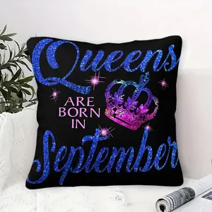Queens Are Born in September Throw Pillow, Digital Print Design featuring Sparkly Royal Blue Glitter Text & Vibrant Crown, 45cm Square with Inner Cushion, Perfect Glamorous Home Decor for Celebrating September Birthdays!
