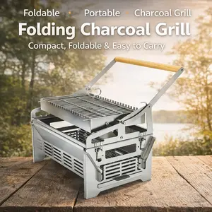 304 Stainless Steel Portable Flip-Over Charcoal BBQ Grill, Detachable Camping Grill with Locking Food Grate, Adjustable Grill & Charcoal Tray, Easy Assembly, Camping Gear