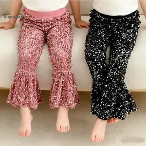 Girls Spring Summer Sequins Pants Kids Elastic Waistband Sparkling Trousers For Party, School Shows Sequined Flared Pants Toddler Grils