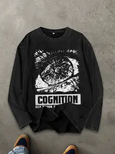 Men's Washed Vintage Round Neck Long Sleeve T-Shirt, Casual Fashion Tee for Daily Wear, Comfortable Cotton Material, Perfect for Spring & Fall