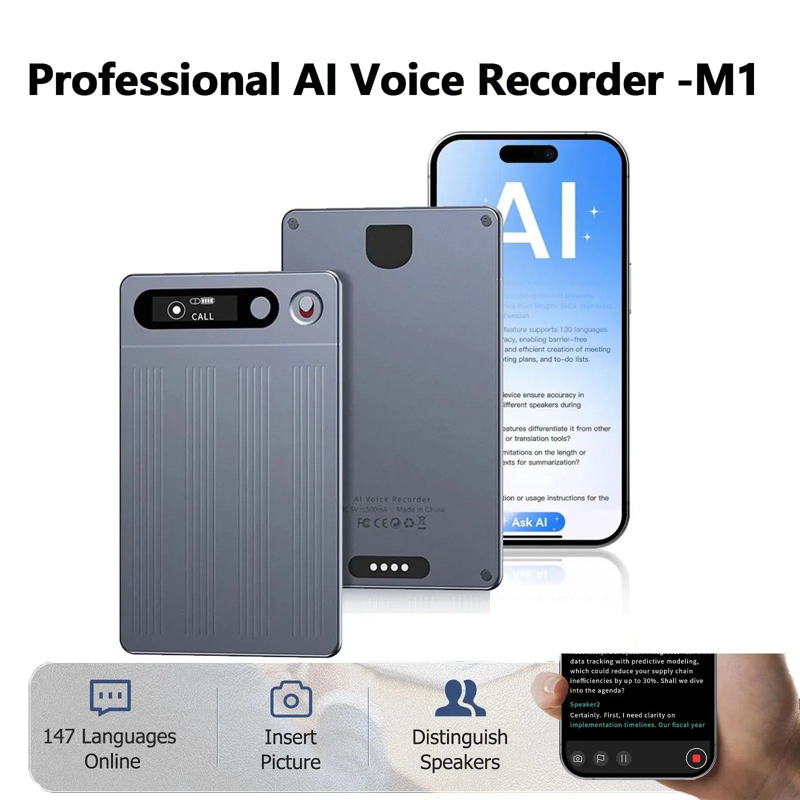 BrawRing M1 Portable AI Voice Recorder with App Control Support 134 L