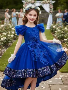 Girls' Flower Girl Evening Gown, Christmas Party Dress, Pearl Floral Rhinestone Tail Design, Formal Banquet Host Birthday Performance Costume