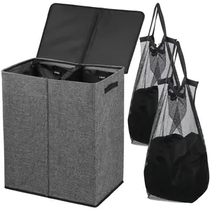OKAKA Double Laundry Hamper 142L with Lid Collapsible with Removable Bags for Bedroom, Laundry Room, Closet, Bathroom(Grey)