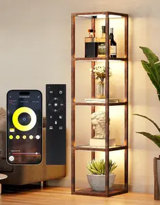 Floor Lamp Glass Display Shelf with Remote/APP Control, Dimmable LED Floor Lamp with Shelves, Open Display Cabinet, Color Temp Control (2700K-6000K), Rustic Brown