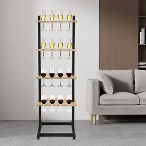 4 Tier Champagne Glass Rack for Parties Wedding Decor 32 Glass Holder Standing Display Modern Black Iron Wood Storage Floor Mount