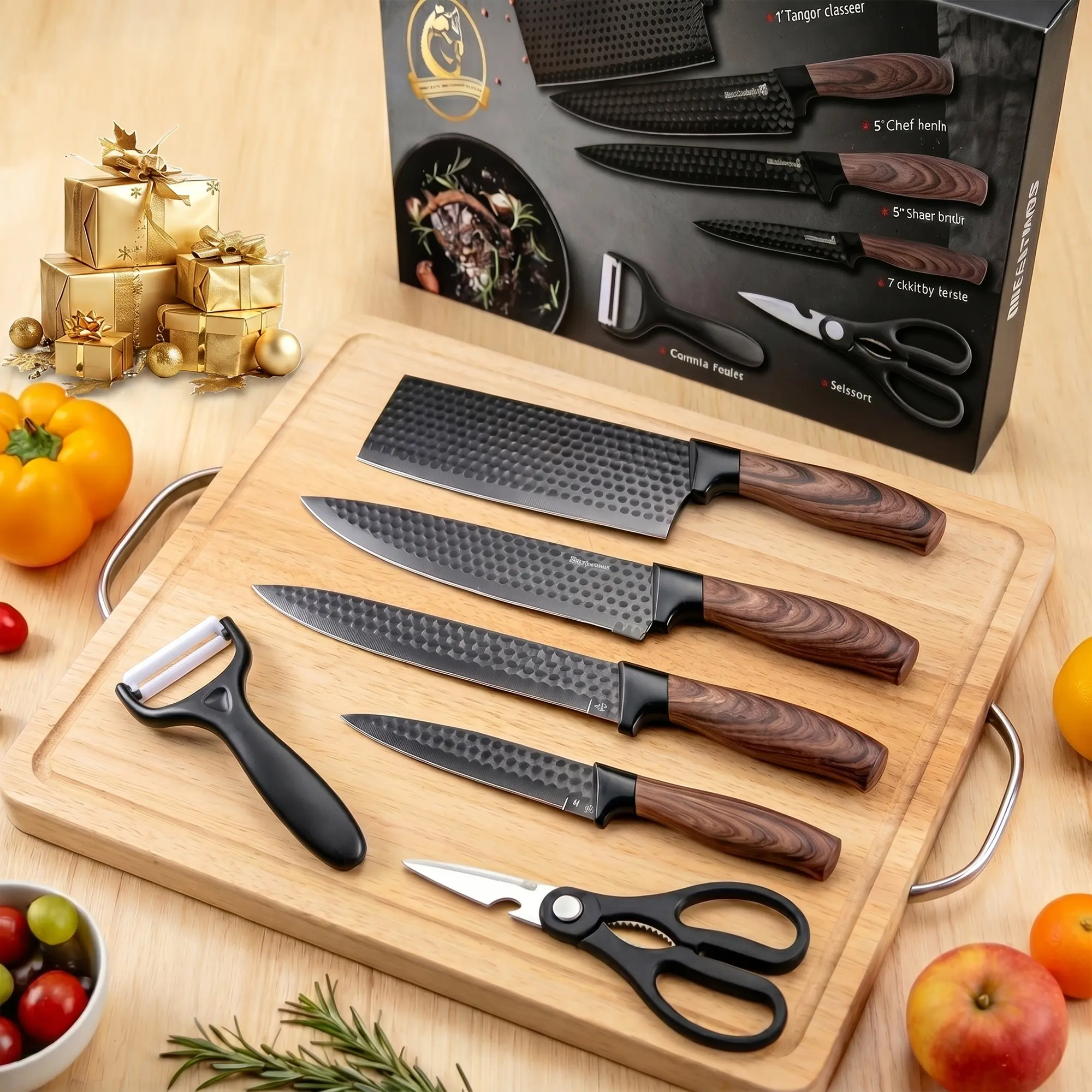 6-Piece Professional Kitchen Knife Set, Ultra-Sharp Hammered Stainless Steel Blades with Ergonomic Wood-Grain Handles, Non-Stick Vegetable & Meat Chef Knife Set for Home Cooking & Gift Giving box block