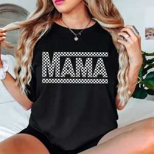 Unisex Short Sleeve Checkered T-Shirt, Streetwear Women's Top, Classic Round Fitted Crew Neck Mama Tee, Certified Comfortable Casual Summer Mother’s Day Gift for Mom