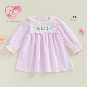 GBA Toddler Baby Little Girls Easter Dress Cute Letters Embroidery Long Bubble Sleeve Striped Dress Spring Summer 1-7 Years