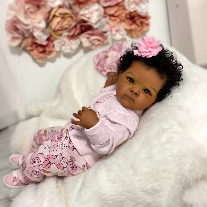 Lifelike Reborn Baby Dolls 18 inch 45 cm Sleeping Mixed Race Black Soft Cloth Body & Curls Realistic-Newborn Dolls African American Real Life Baby Washable Feeding Kit & Gift for Kids