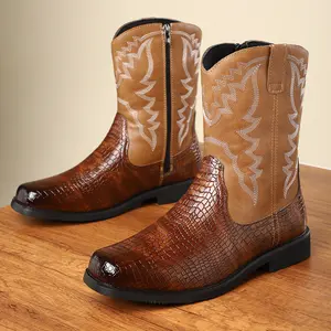 Men's Western PU Boots with Textured Detailing - Extended Sizes, Non-Slip Sole & Fast US Shipping