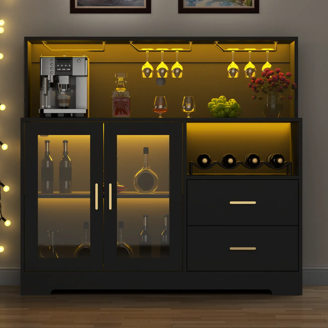 Gyfimoie Black / White Wine Bar Cabinet with Wine Rack and Glass Holders, Home Coffee Bar Cabinet with LED Light, Kitchen Buffet Sideboard with Storage Cabinet and Drawers, Modern Liquor Cabinet for Living Room, Dining Room LED Wine Cupboard