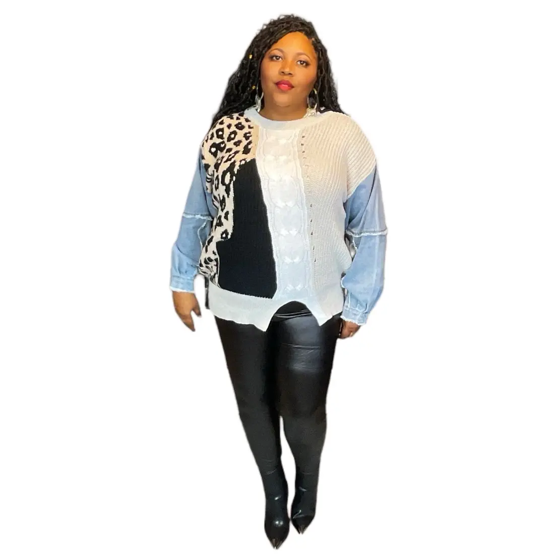 Joy Stretch Denim Sweater with Contrasting Cable Knit and Animal Print Womenswear Knitwear Tops Women