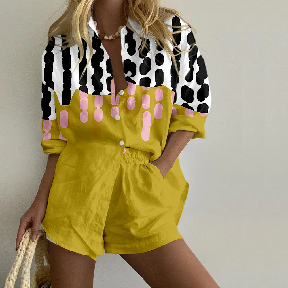 Geometric color-blocked print long-sleeved shorts two-piece set, artistic painting style, comfortable women's wear, designer two-piece set, spring/summer resort style, fashionable two-piece set, S-5XL