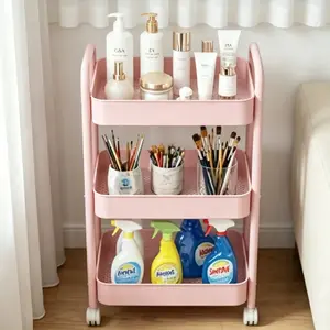 Three-layer Heavy-duty Metal Roller Cart with Lock Wheels Hooks Handles for Kitchens Bathrooms Offices Classrooms Dormitories in Pink White Ample Storage Racks