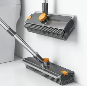 Long Handle Stiff Bristle Gap Cleaning Brush with Hidden Hair Clip 360° Rotating Head Extendable Handle for Bathroom Tile Toilet Wall Glass Cleaner 3-in-1 Design Silicone Squeegee