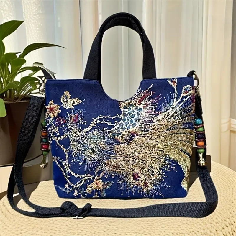Women's Vintage Canvas Gym Tote Bag - Top-Handle Shoulder Carry-All with Unique Peacock Embroidery