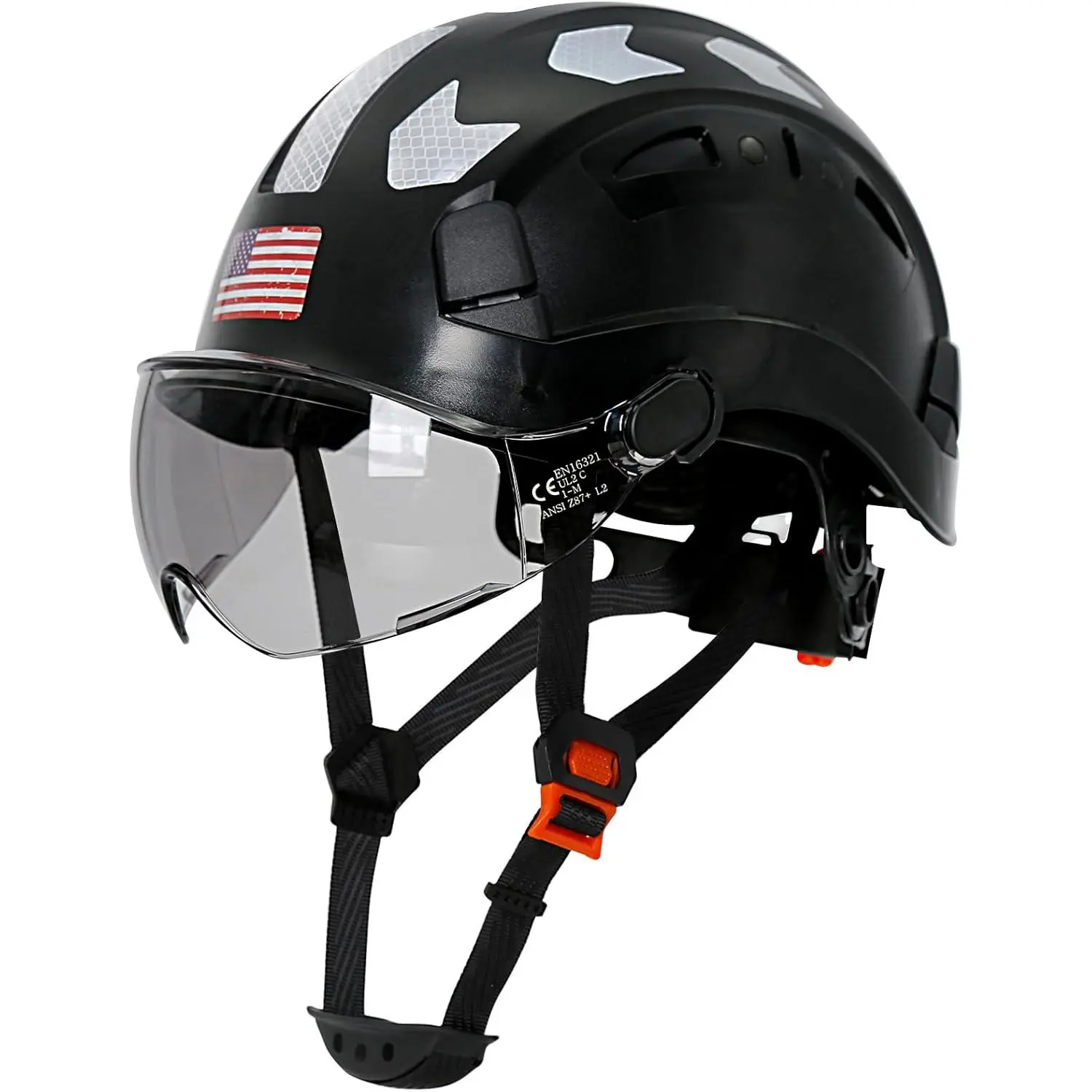 High-Vis Reflective ABS Shell Hard Hat - Vented, Lightweight, Flip-Up Smoke Visor, 6-Point Suspension, Chin Strap for Industrial Height Work, Scaffolding, Adjustable, Construction, Eye Protection, 1.3 Lbs, Safety Gear, Vented Safety Helmet
