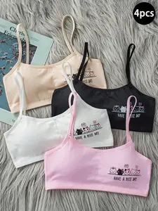 Girls' Cotton Bra Set (4 Pieces), Korean Style Plain Tank Top Bras for Ages 9-14, Development Stage Underwear for All Seasons, Underwear Sets, Youth Underwear, Under Clothing