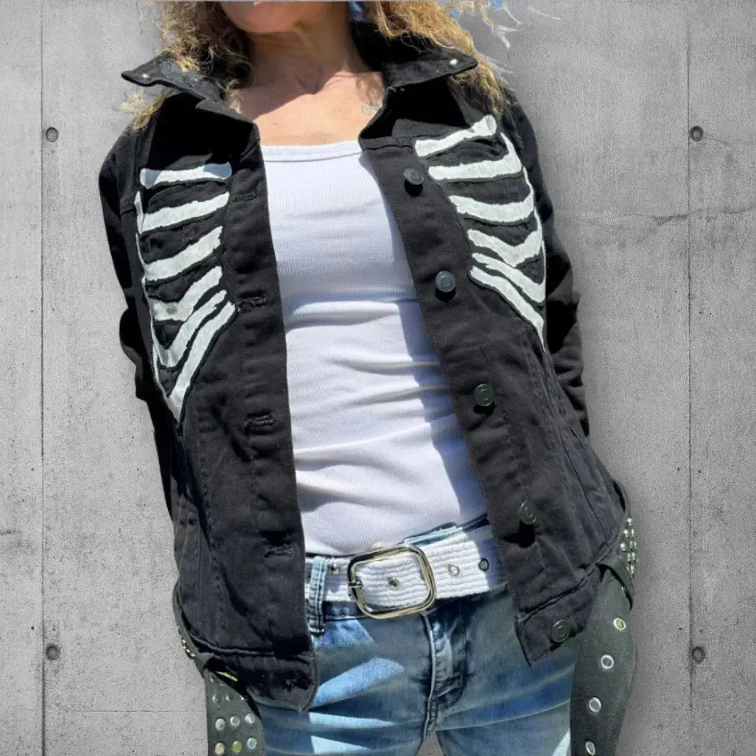 Women's The Misfits Kitty Studded Decorated Denim Moto Jacket - Long Sleeves, Structured Cut, Button Front, Studded Belt, Stitch Detail, Punk Vibe, Graphic Skeleton Tee, Spot Clean Care Top