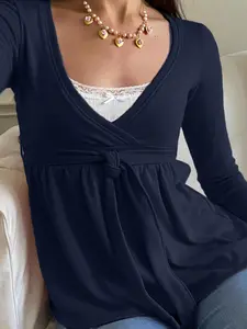 Casual American Style Women’s Long Sleeve A-Line Top, Cross V-Neck Design with Tie, Perfect for Spring & Fall Wardrobe, Fitted Blouse