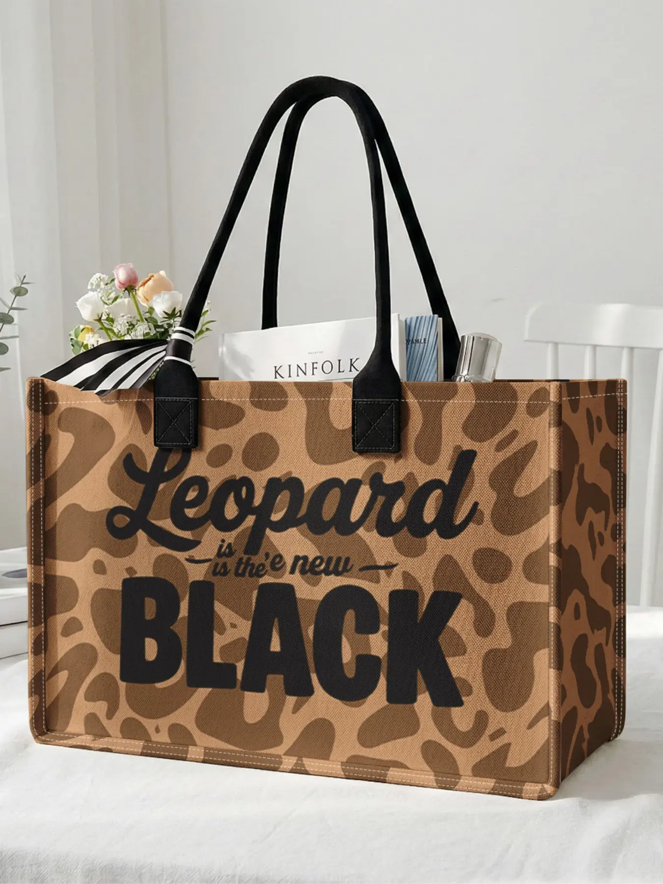 1 piece of leopard print pattern 2D printed large capacity storage bag, sturdy handle, space-saving multi-purpose, Casual Tote Bag, Animal Tote Bag, Patterned Bag, suitable for use at school, on business trips, and shopping
