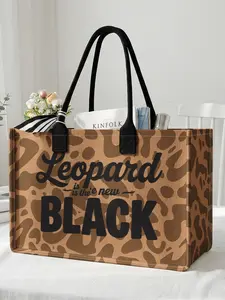1 piece of leopard print pattern + 'Leopard is new' 2D printed large capacity storage bag, Casual Trendy Bag, extra large storage bag, sturdy handle, space-saving multi-purpose, Casual Tote Bag, suitable for use at school, on business trips, and shopping