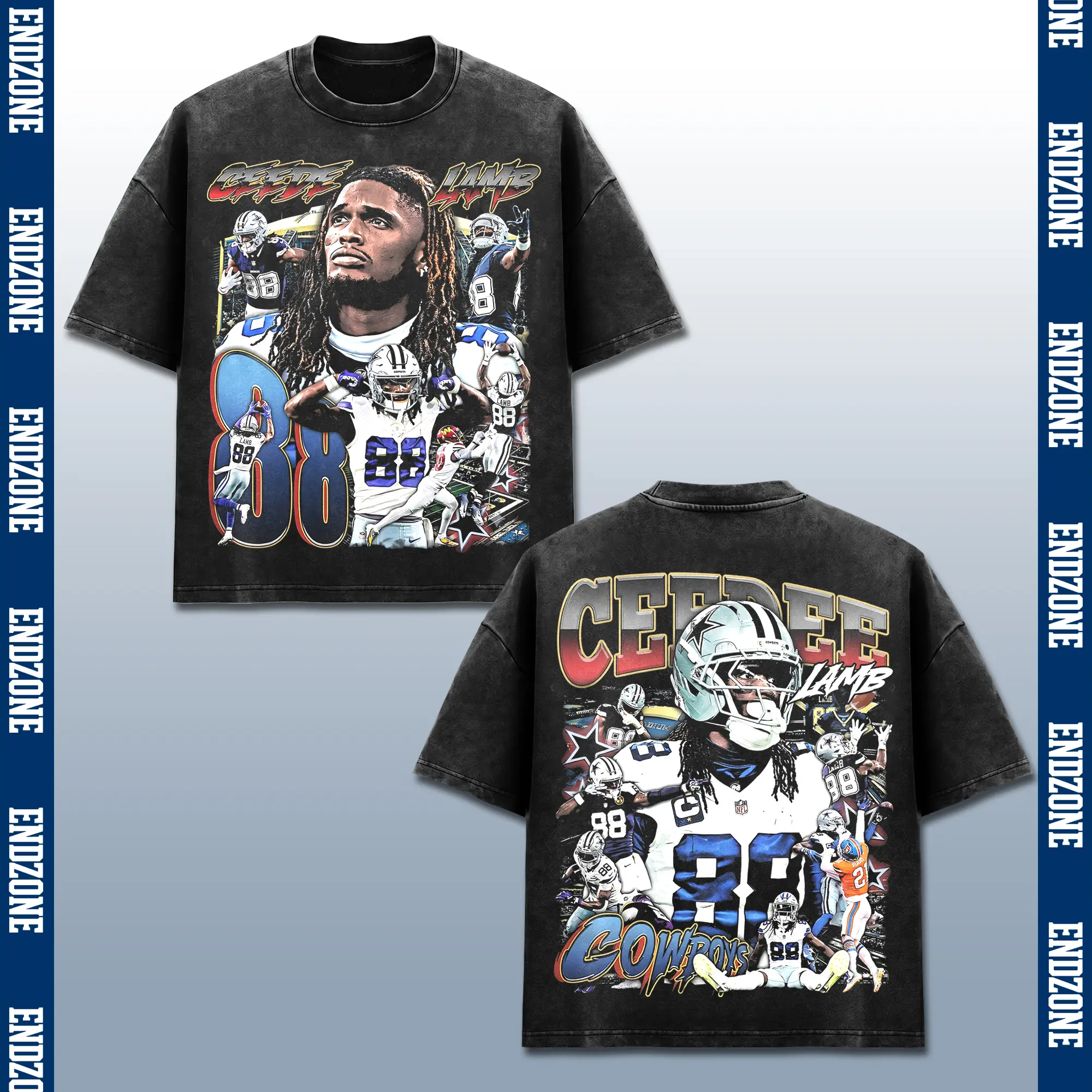 [Endzone] CeeDee Lamb T-Shirt, CD Cowboys Tee, Number 88 Football Merch, Pro Football Playoffs Sunday Game Top, Star Athletic Sportswear, Vintage Bootleg Rap Style, Retro Acid Washed Black, US Unisex Casual, Oversized Heavyweight Clothes