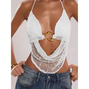 Women's Summer Sexy Bohemian Beach Vacationconcert Outfit Women Halter Neck Tie Metal Decoration Crochet Summer Tops, Summer Outfits For Women,Club Outfits Women Sexy
