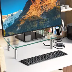 Clear Glass Desk Stand 2 Pack Computer Monitor Riser with Height Adjustable Multi Media Monitor Stand Desktop Flat for Laptop TV Computer