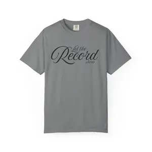 Men's Unisex Casual Round Neck Short-Sleeve Cotton Tee, Garment-Dyed, Relaxed Fit, "Let the Record Show" Graphic, Streetwear Style