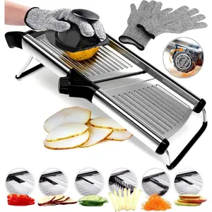 Stainless Steel Mandoline Slicer for Kitchen – 6-Setting Adjustable, 16.5 x 5 In. Platform, Hand Guard, Cut-Resistant Gloves – Vegetable Chopper, Meat Slicer, Cheese Slicer