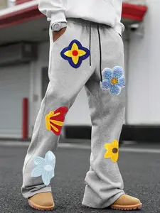 One Pair of Unisex, Loose-Fitting Sweatpants with a Retro Style and 3D Floral Patches. Stylish Elastic Waistband, Comfortable Long Pants, Suitable for Street Style and Everyday Outings, Casual Comfy Trouser