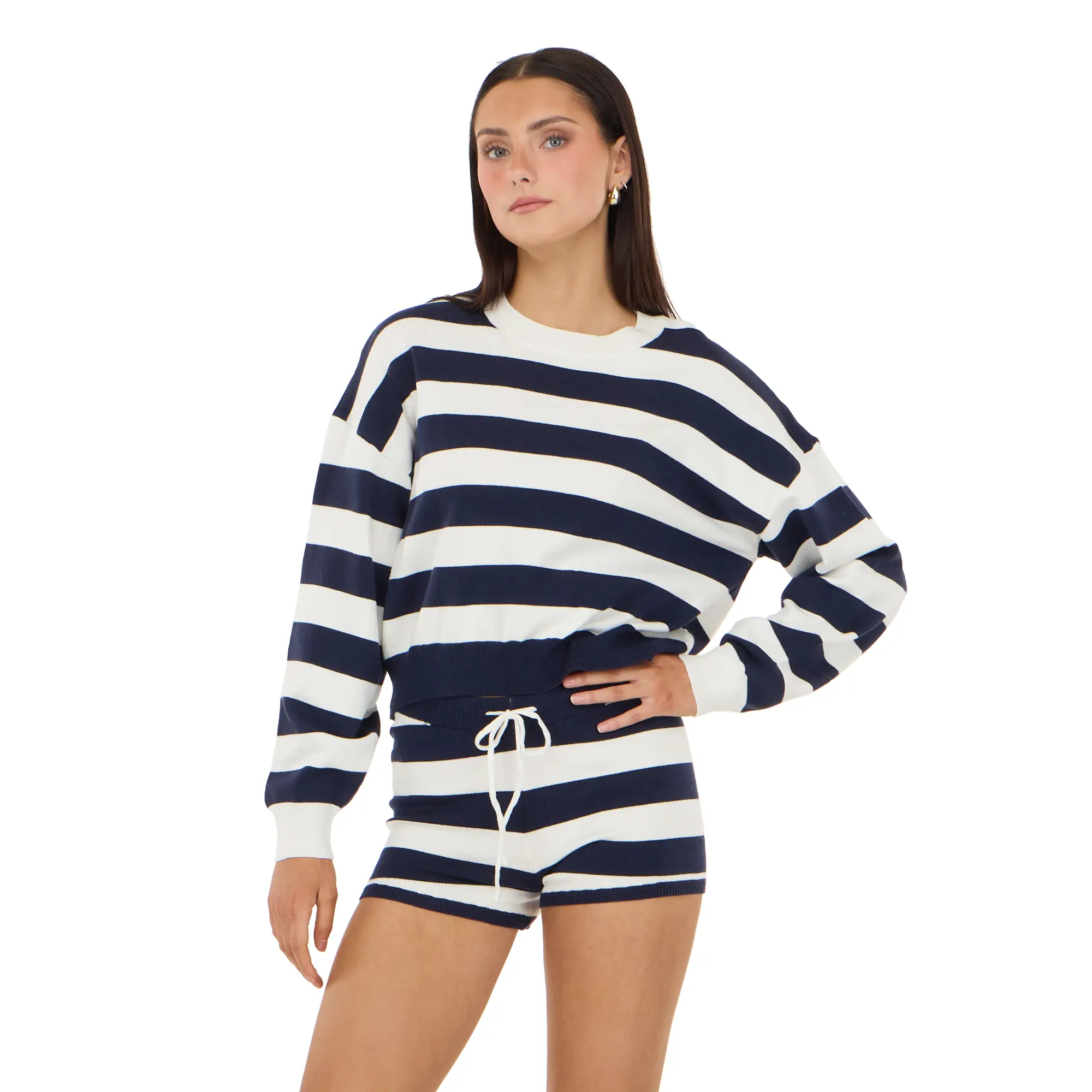 Forever 21 Women's Casual Rugby Stripe Sweater Set, Comfortable Lightweight Knit Cropped Top and Drawstring Shorts, Adjustable, Everyday, Style, Striped, Matching, Women's Clothes, Bold Rugby-Inspired Horizontal Stripes